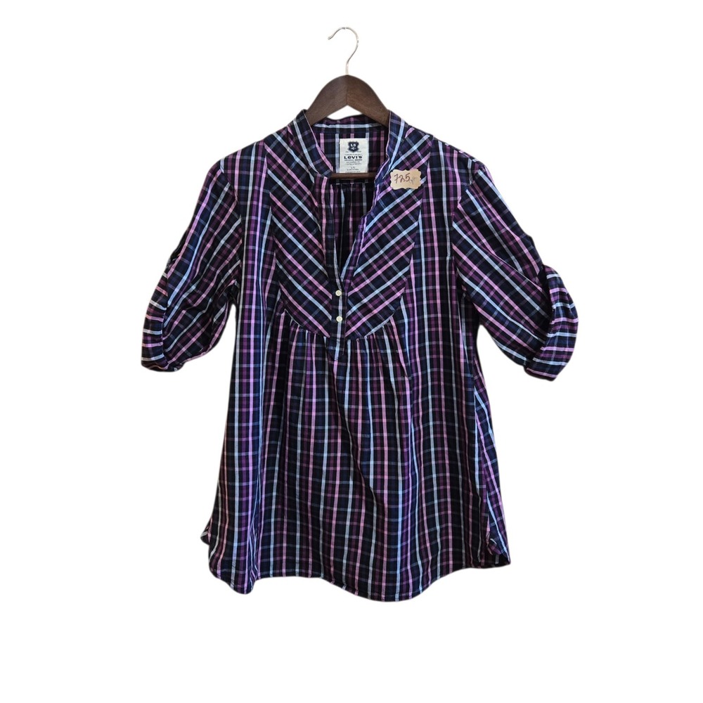 Levi's Women's Button Up Blouse Size L 3/4 Sleeve Blue Plaid Cotton Blend